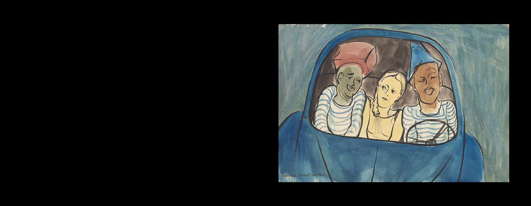 Watercolour painting of three people squeezed into a blue car. A women is in the middle and two men in white T-shirt with blue stripes sit either side of her