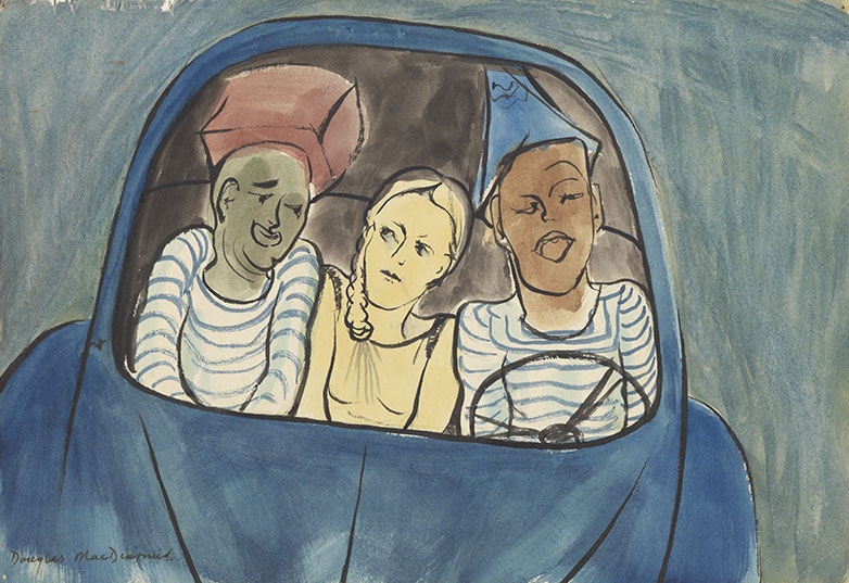 Watercolour painting of three people squeezed into a blue car. A women is in the middle and two men in white T-shirt with blue stripes sit either side of her
