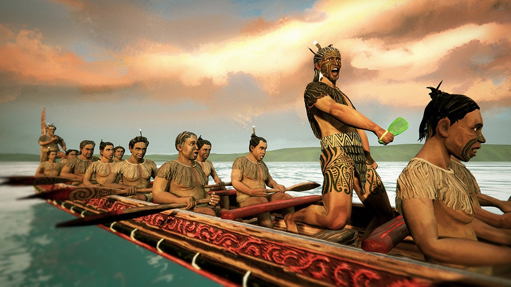 An illustration of Māori warriors in a waka with a chief standing up and calling out.