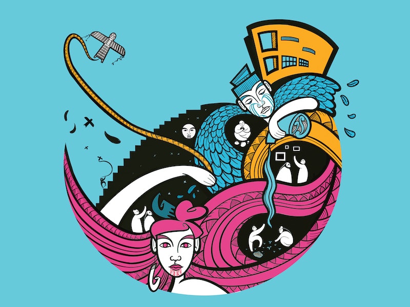 Illustration featuring many elements contained in a circular design, including a kite, the Te Papa building, male and female figures, people looking at art, someone skating, and people gardening