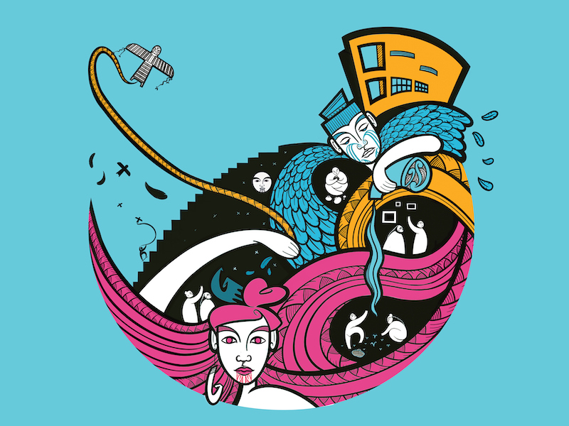 Illustration featuring many elements contained in a circular design, including a kite, the Te Papa building, male and female figures, people looking at art, someone skating, and people gardening