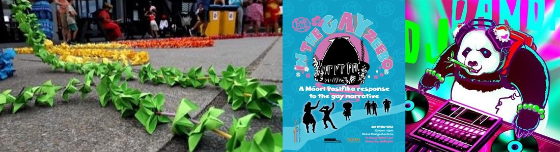 Three images in a row with a green leafy necklace on the ground, a poster in blue and pink with silhouettes of people, and a cartoon of a panda mixing music on a mixing deck