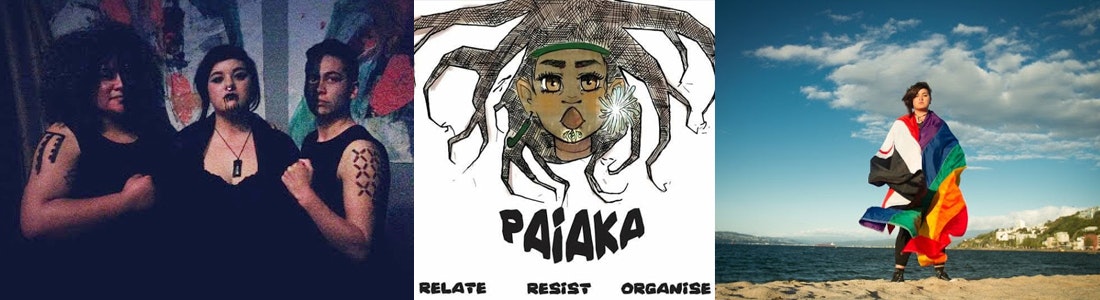 Three people in a dark room looking at the camera, A poster of a rastafarian head with the words 'Paiaka: Relate, resist, organise, and a photo of a person standing on a beach wrapped in a rainbow flag.