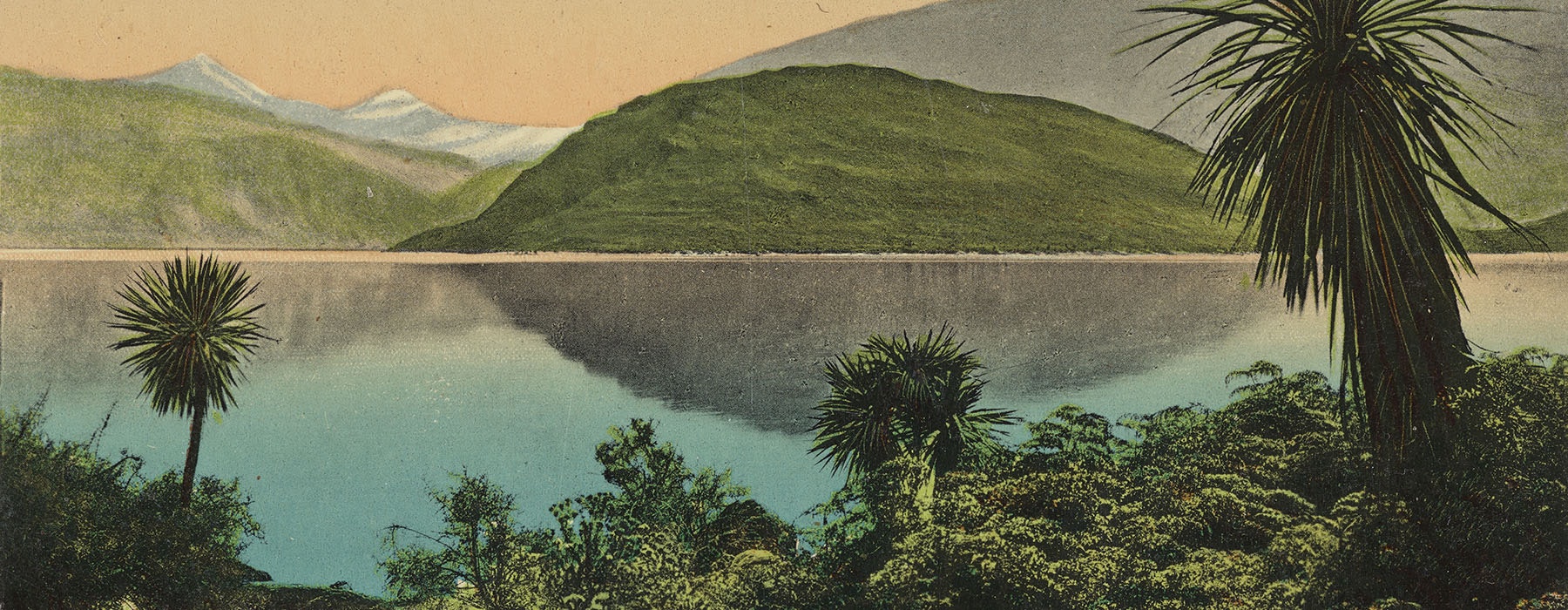 Detail of a colour postcard of Lake Wanaka with bush in the foreground, the lake in the middle, and hills in the background