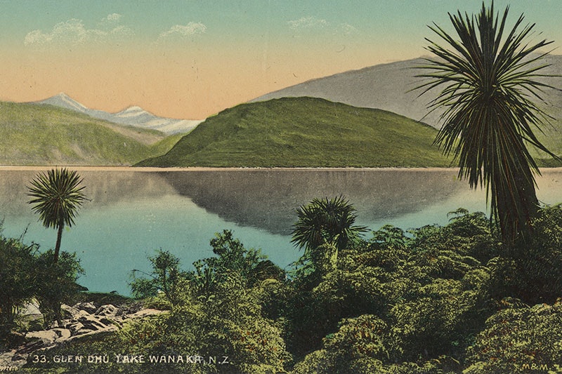Detail of a colour postcard of Lake Wanaka with bush in the foreground, the lake in the middle, and hills in the background