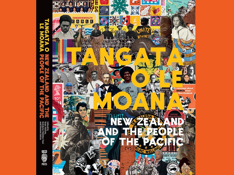 Cover for the 2012 edition of Tangata o le Moana, Te Papa Press A book cover with a lot of people  on it on an orange background