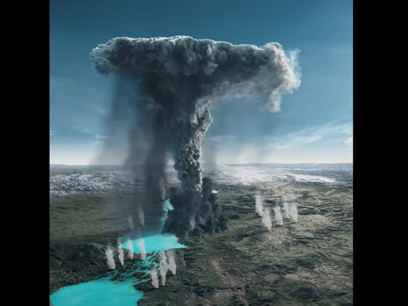 An illustration of an ash volcano exploding over landscape and lakes