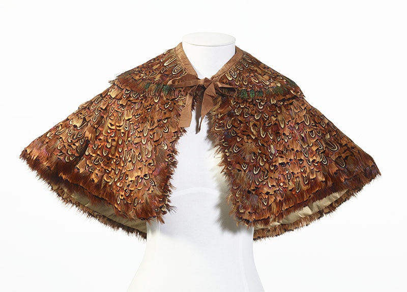 A hand-stitched feather pelerine with a detachable collar, using pheasant feathers