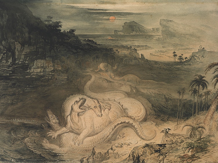 The country of the Iguanodon, 1837, London, by John Martin. Gift of Mrs Mantell-Harding, 1961. Te Papa (1992-0035-1784) A classical watercolour with two dinosaur-like creatures fighting in the middle of a countryside with a sunset in the background