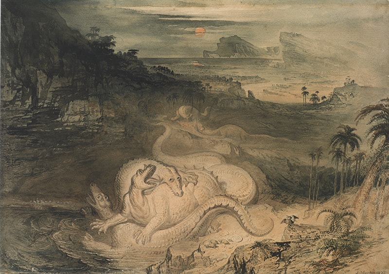 A classical watercolour with two dinosaur-like creatures fighting in the middle of a countryside with a sunset in the background