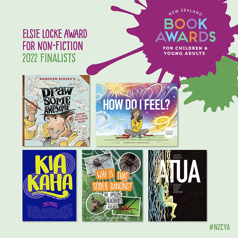 shortlisted for the NZCYA awards mockup image of several book titles