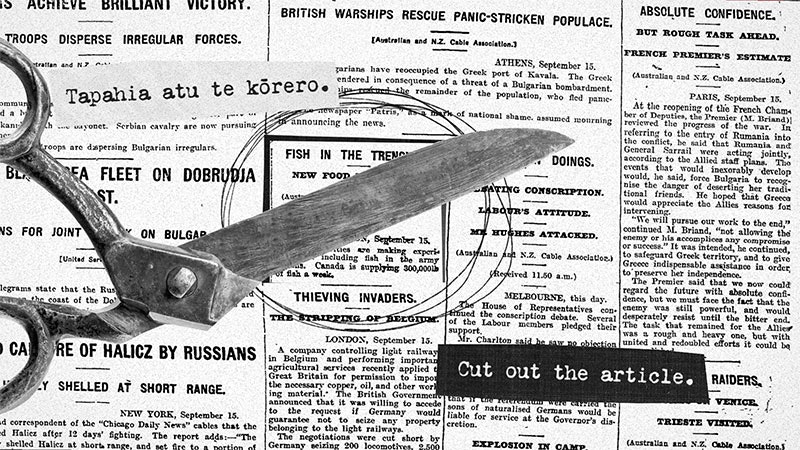 Screenshot from ‘How to make a dadaist poem’ poem featuring a pair of scissors and newspaper