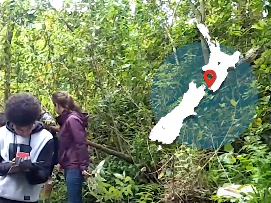 People walking through bush with a map of New Zealand overlaid on the right-hand side