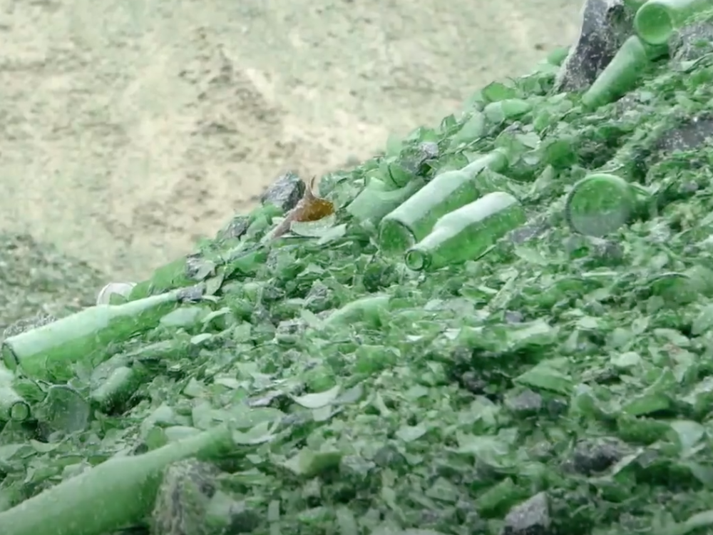 A mountain of green glass from broken bottles