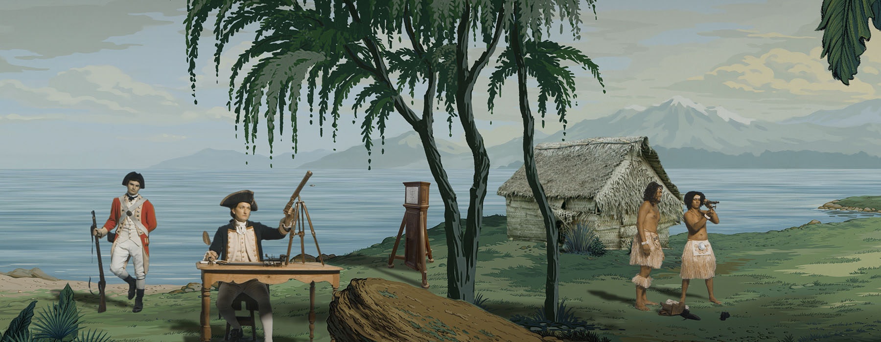 Still from a video featuring an illustrated coastal and mountainous landscape. In the foreground is an actor playing Captain Cook, a soldier, a Grandfather clock, a hut, and two Māori men
