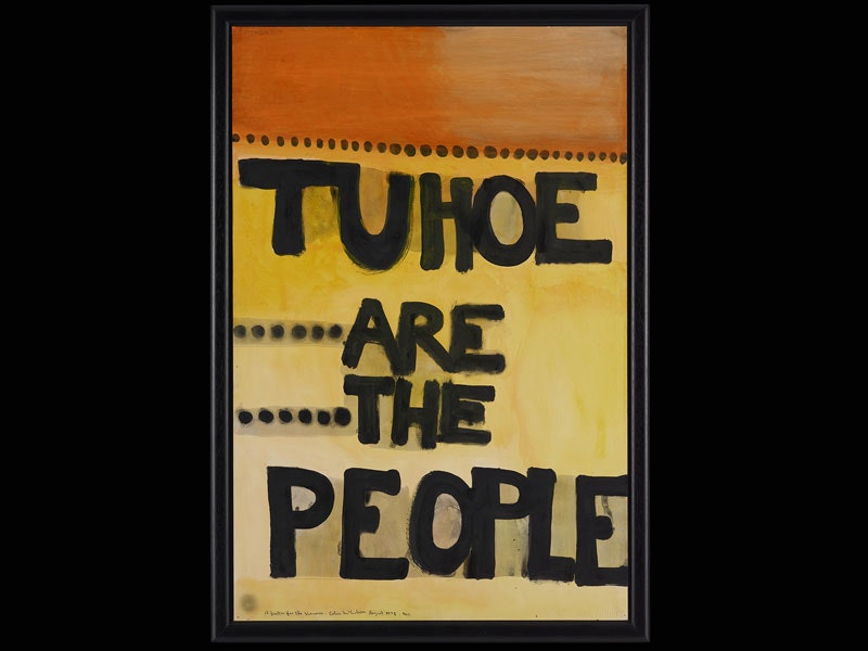 Colin McCahon, A poster for the Urewera no.1, 1975, acrylic and graphite on paper. © Courtesy of the Colin McCahon Research and Publication Trust. Te Papa (2016-0009-1) A yellow and orange canvas with the words 'Tuhoe are the People' on it