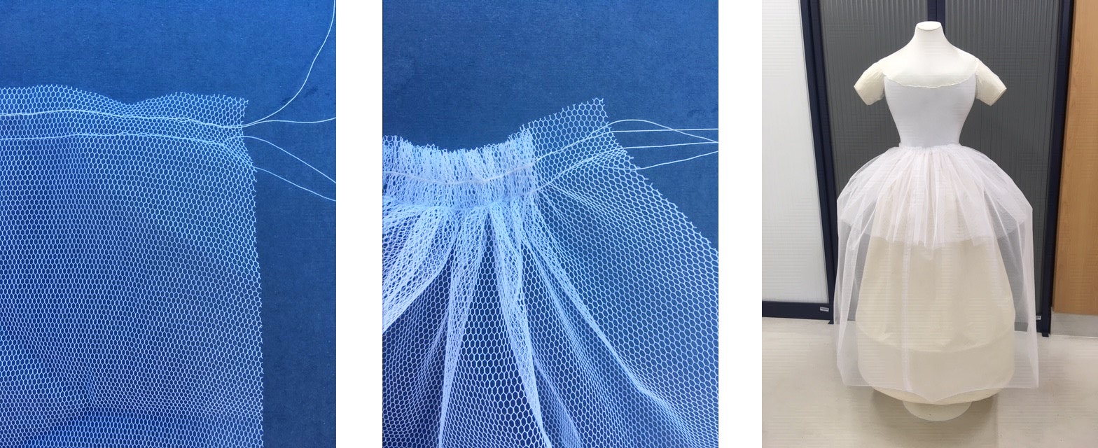 Three pictures in one image. Left-to-right: white netting with stiches at the top; White netting gathered at the stitches; A dressmaker's dummy with a gathered skirt on it