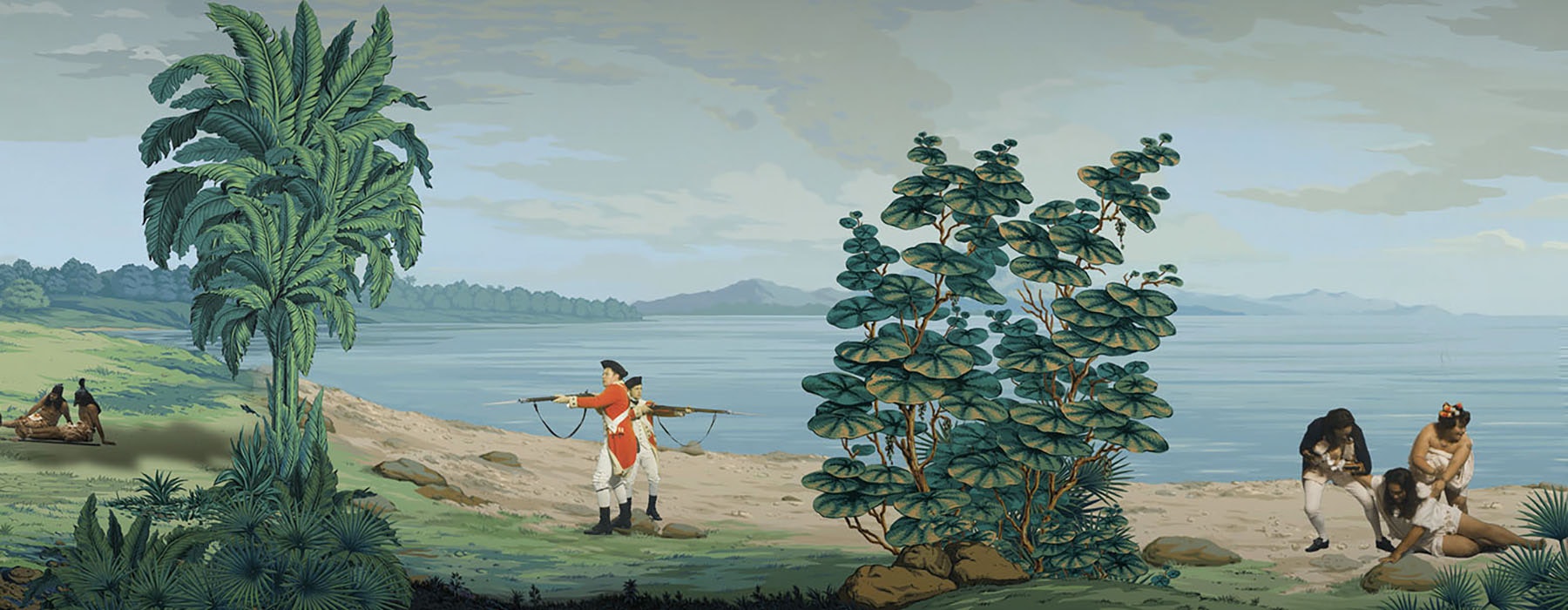 A still from the video artwork in Pursuit of Venus [infected] showing a wide waterside landscape and two British soldiers with their guns drawn
