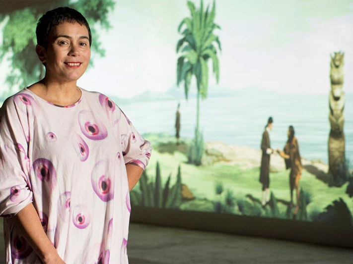 f6-reihana-about-tile.jpg Lisa Reihana in front of her art work