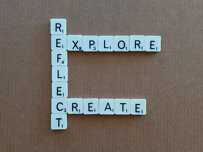 reihana-knowledge-rich-inquiry-tile.jpg Scrabble letters spell out and join together the words Explore, Reflect, and Create