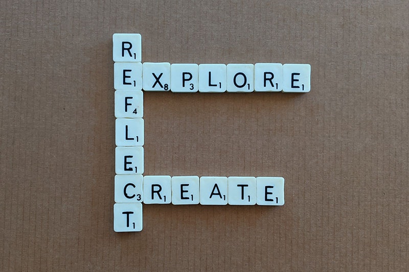 Scrabble letters spell out and join together the words Explore, Reflect, and Create
