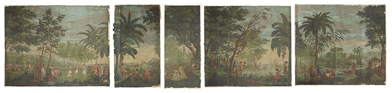 A large wallpaper in five panels depicting people from various Pacific islands