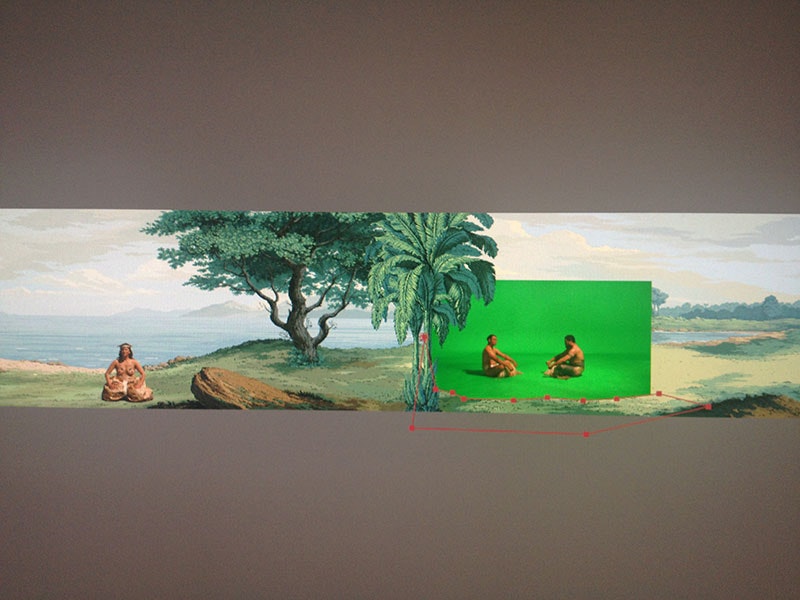 Screenshot showing the making of in Pursuit of Venus [infected], with the final background and a green screen overlaid containing two men acting