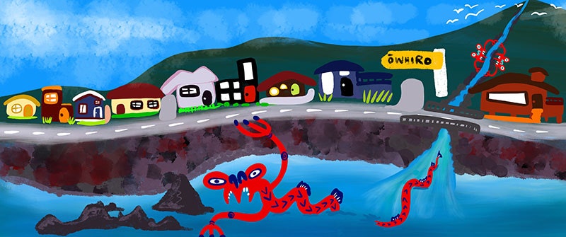 An illustration of a seaside town. Behind is a large mountain, with a river flowing from it down to the sea. A monster lurks in the sea water