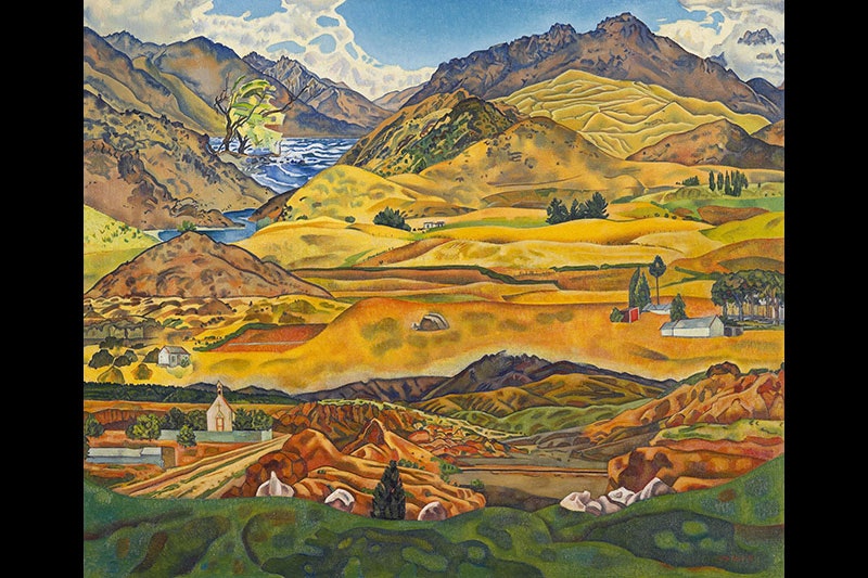 Painting of a rural scene. There are tall mountains and a lake in the distance, with a river running towards a town in the foreground