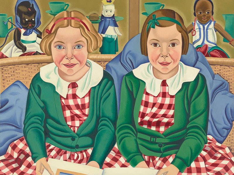 Painting of two young girls sitting side by side. They are wearing red and white checked dresses and green cardigans
