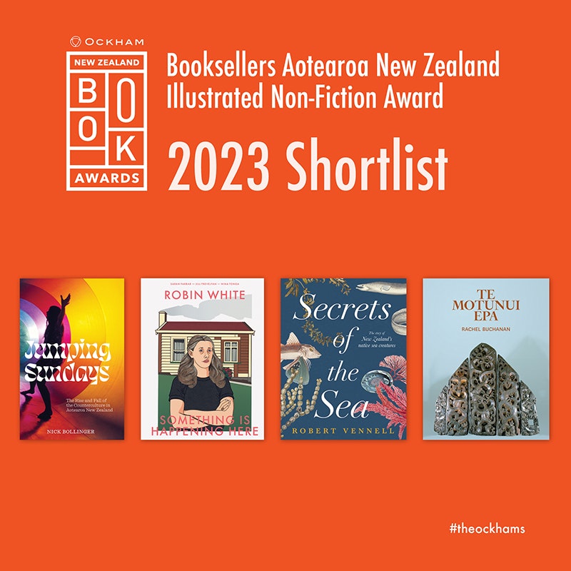 An orange square with four book jackets in a row who are shortlisted for an award