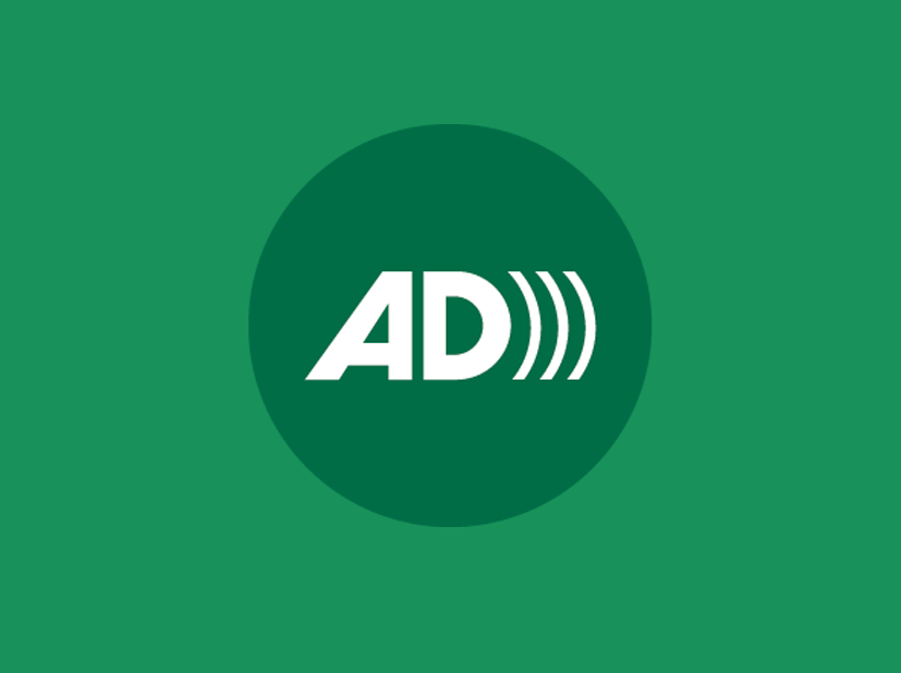 A green rectangle with the letters AD in white on a darker green circle