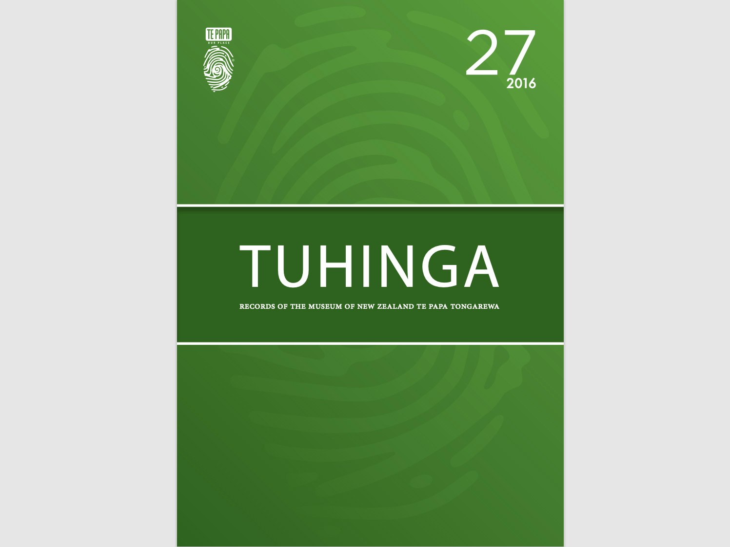 Cover of Tuhinga 27. Te Papa Photo of the cover of a journal with Tuhinga 27 2016 written in white on a green background