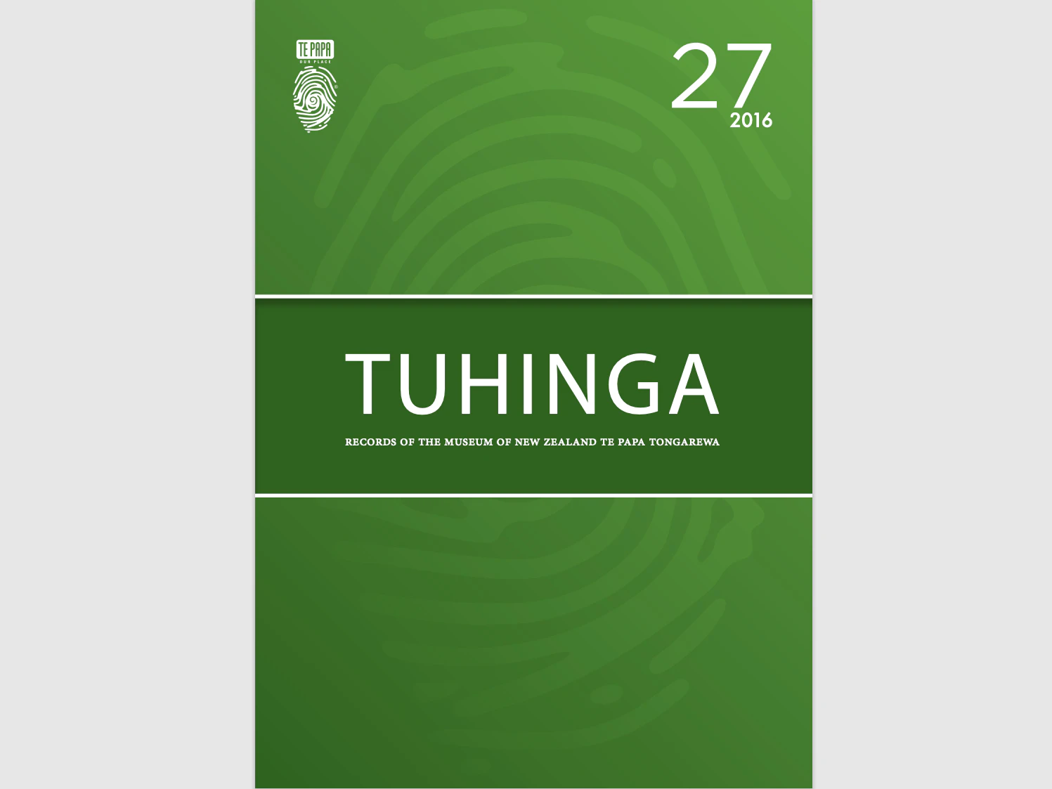 Photo of the cover of a journal with Tuhinga 27 2016 written in white on a green background