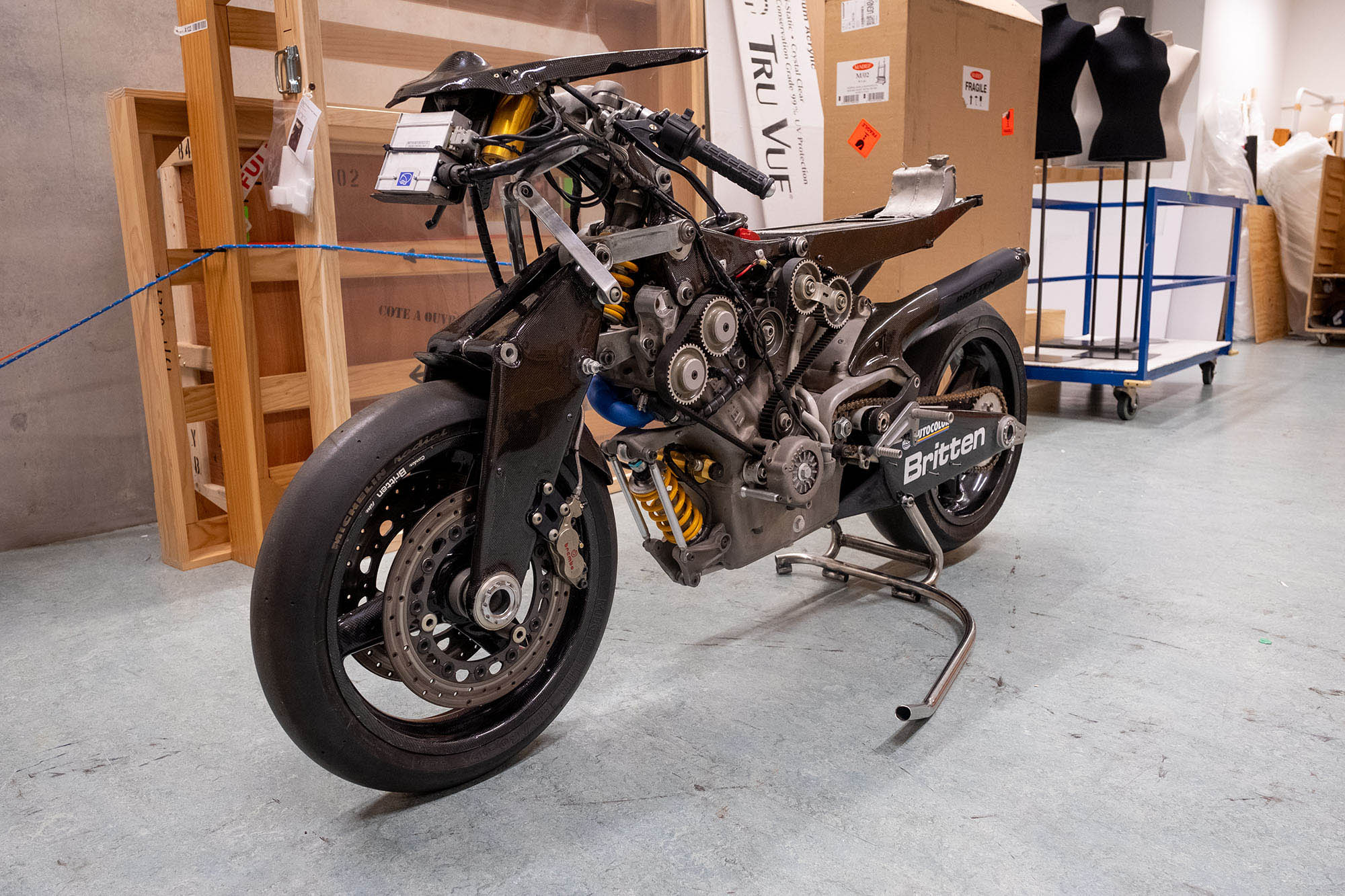 The Britten Bike without its bodywork stands ready for transporting