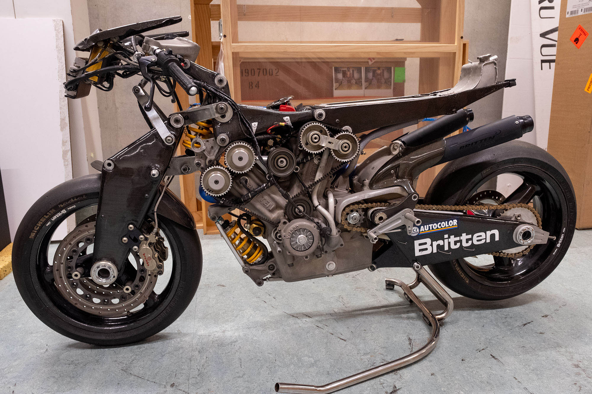 The Britten Bike without its bodywork stands ready for transporting