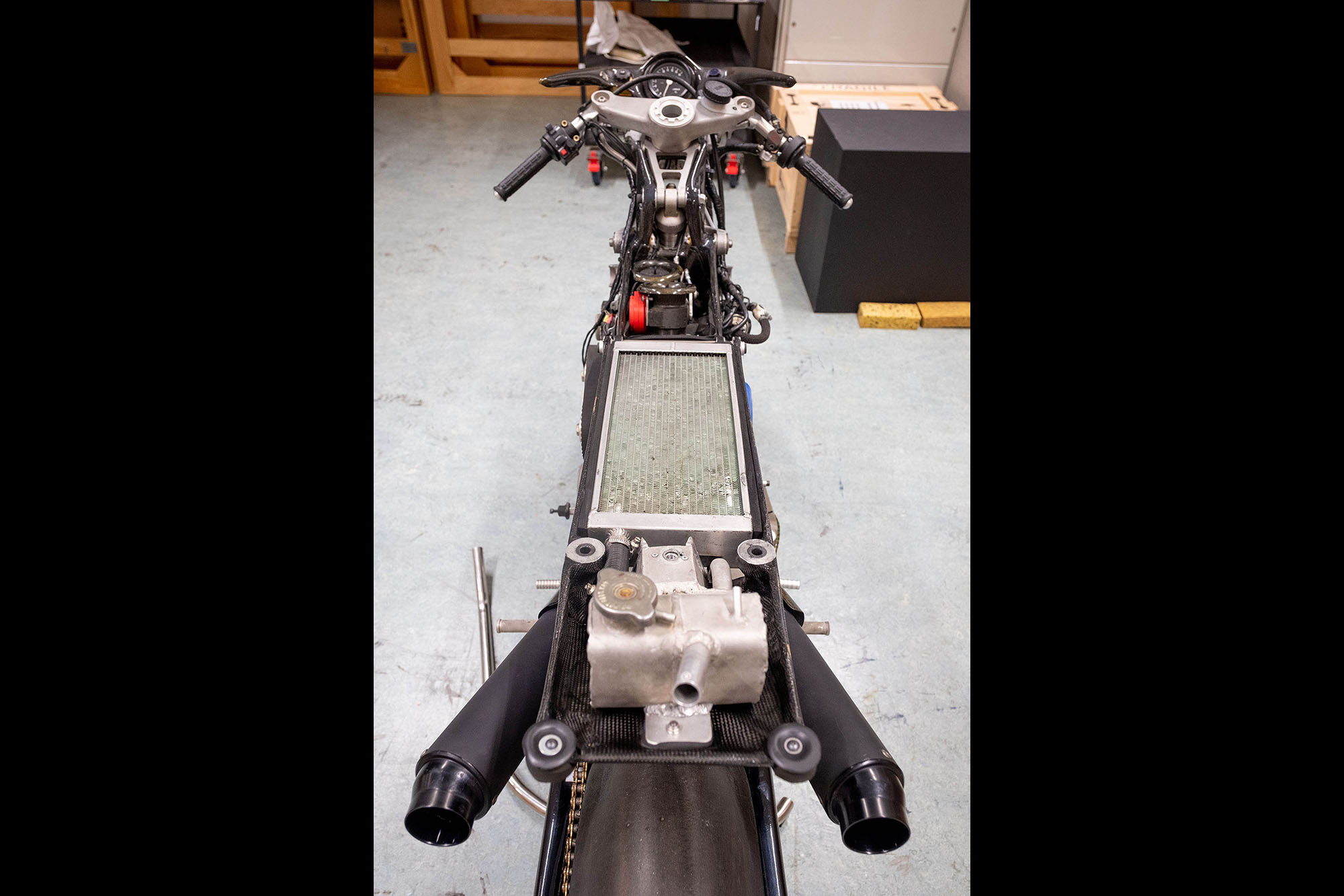 A look at the body of the Britten Bike from above, displaying the radiator which is usually hidden by the seat