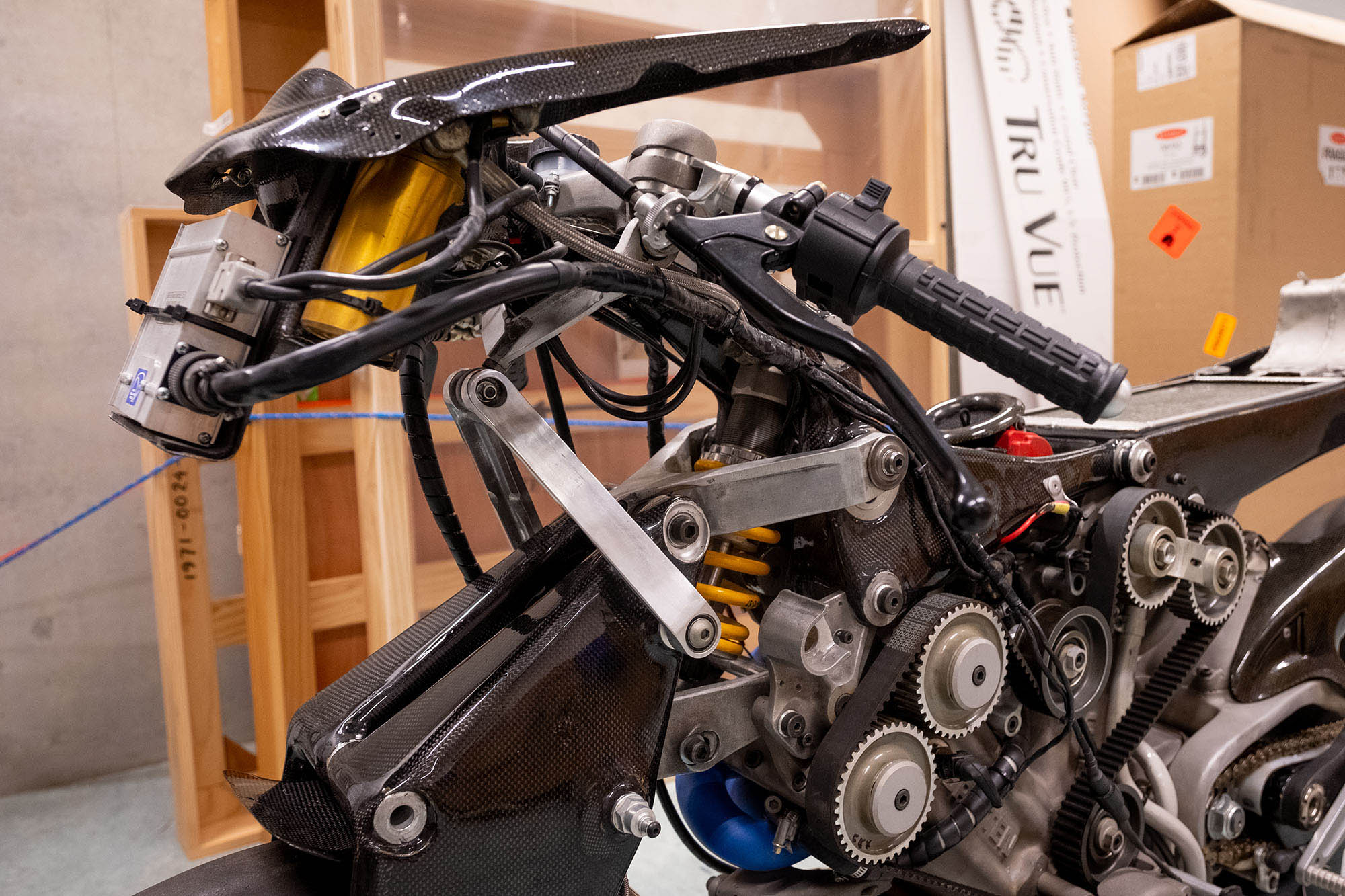 Close up view of the front of the Britten Bike showing its suspension system