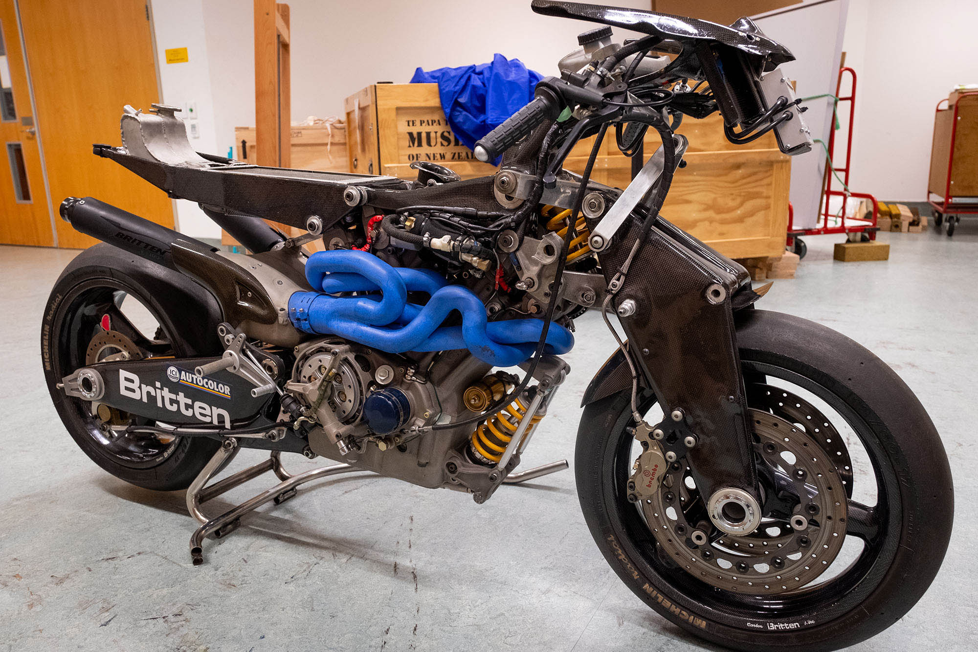 The Britten Bike without its bodywork stands ready for transporting