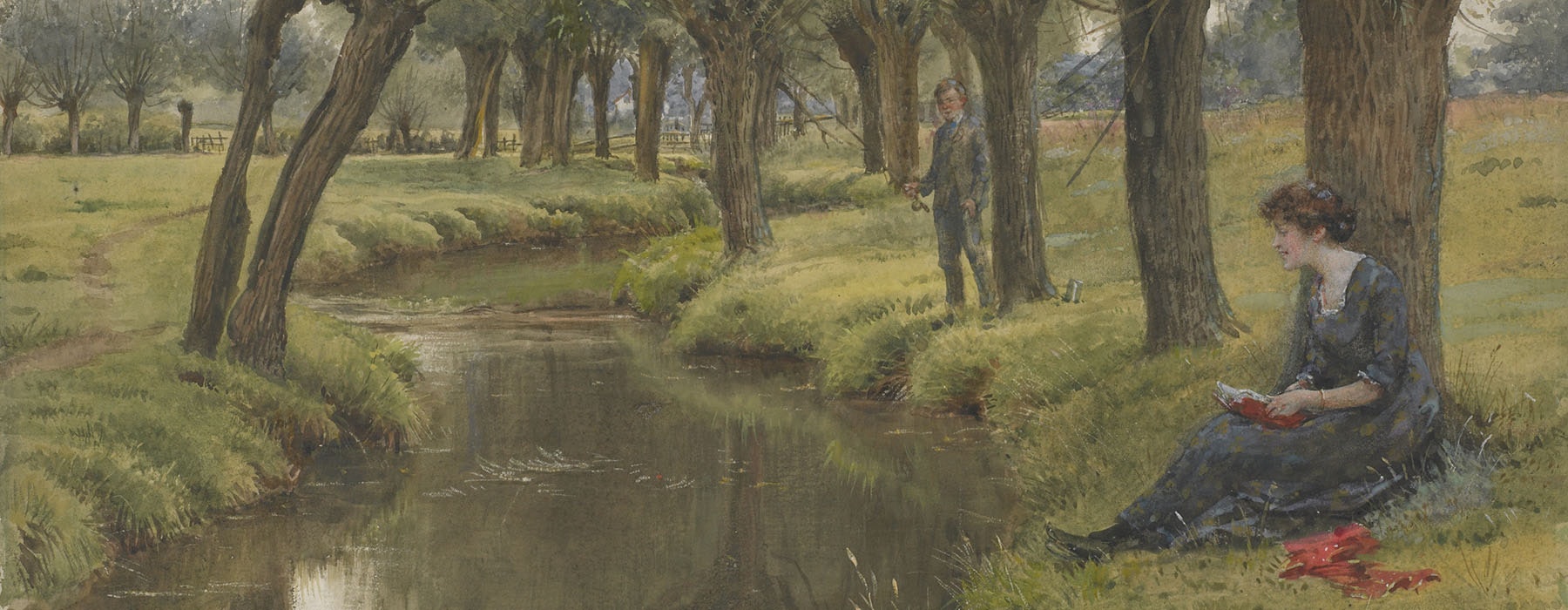 Painting of a countryside river scene. A woman sits under a tree reading a book, while a man behind her fishes