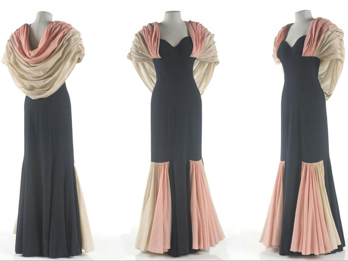 Three views of a pink, white, and black dress