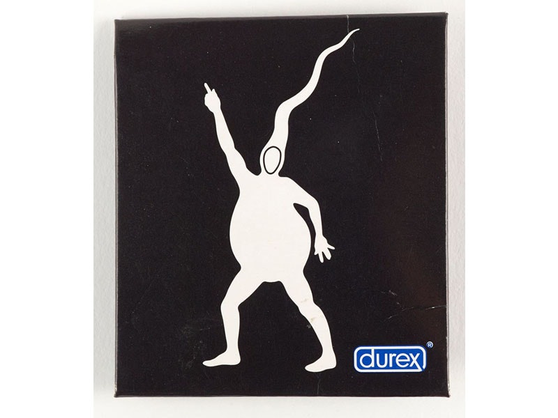 Box of condoms. The box is black, and features a white sperm with arms and legs, posing in a disco move a la Saturday Night Fever