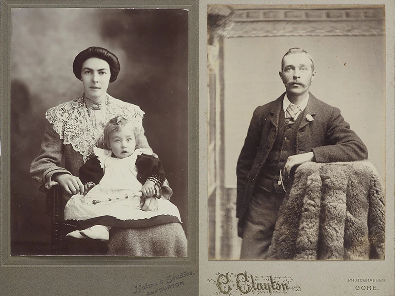 A split image with two photo cards side by side. One has a woman and a child in it and the other has a man in it.