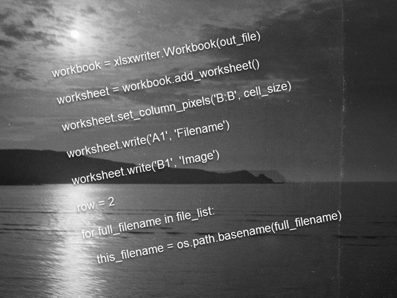 A black and white scenic photo of an island and the sea. There is code text overlaid in white at an angle