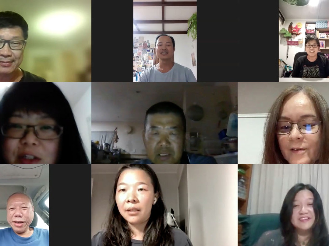 Composite image comprising screenshots from Recording of the Chinese Dialects on 16 Jan 22, recording by George Thien, 16 Jan 2022. Images courtesy of George Thien A collage of nine screenshots from Zoom recordings, showing nine people