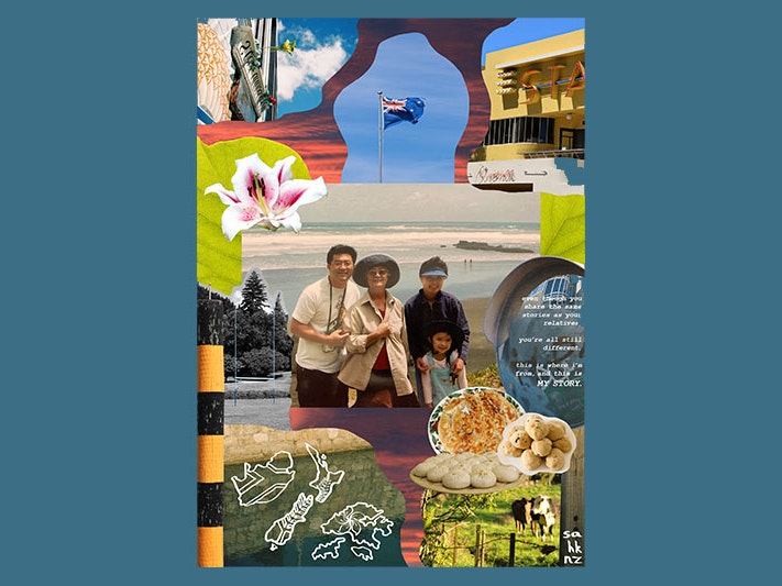 Samantha Fei’s story, 2022. Collage by David Jiang, courtesy of the artist Collage of photos. In the middle is a family photo at the beach, showing four people. Surrounding this photos are many photos depiting the New Zealand flag, food, cows in a field, a flower, and a rugby goalpost