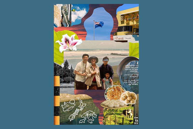 Collage of photos. In the middle is a family photo at the beach, showing four people. Surrounding this photos are many photos depiting the New Zealand flag, food, cows in a field, a flower, and a rugby goalpost
