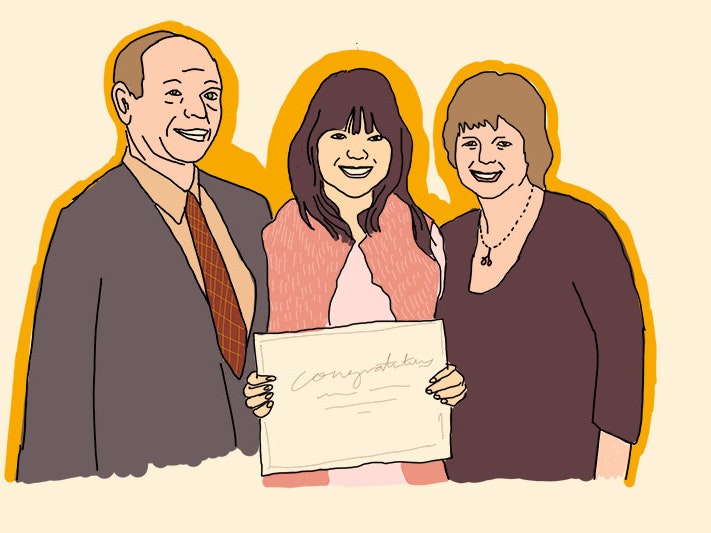 Wanwan Liao’s story, 2022. Illustration by Ronia Ibrahim, courtesy of the artist An illustration depicting a young woman and her parents on graduation day
