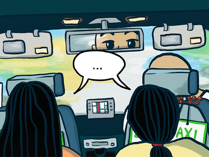 Detail from Xixi Xian’s story, 2022. Illustration by K Emma Ng, courtesy of the artist Crop from a page in the comic showing an interior view of a taxi. In the back are two people talking
