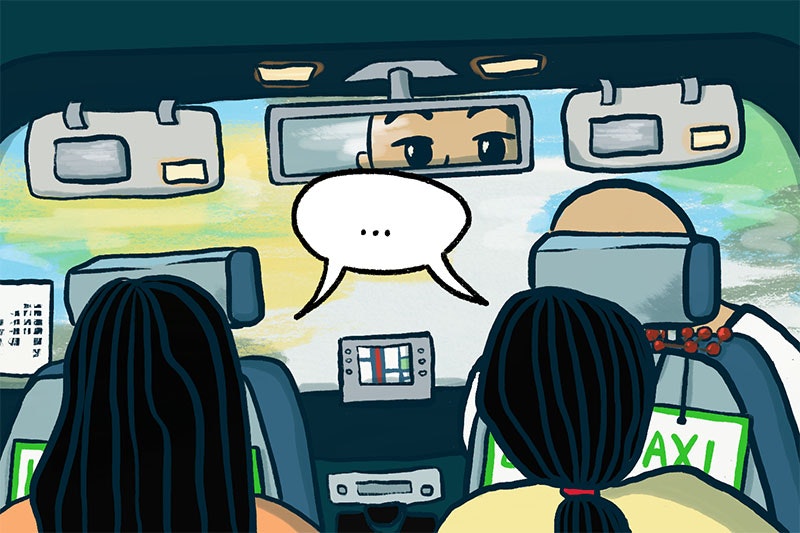 Crop from a page in the comic showing an interior view of a taxi. In the back are two people talking